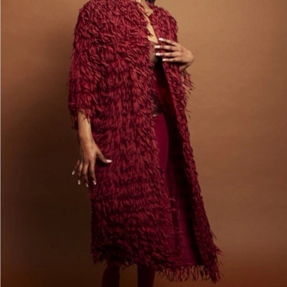 Zara Maroon Textured Fringe Long Cape Jacket Size S